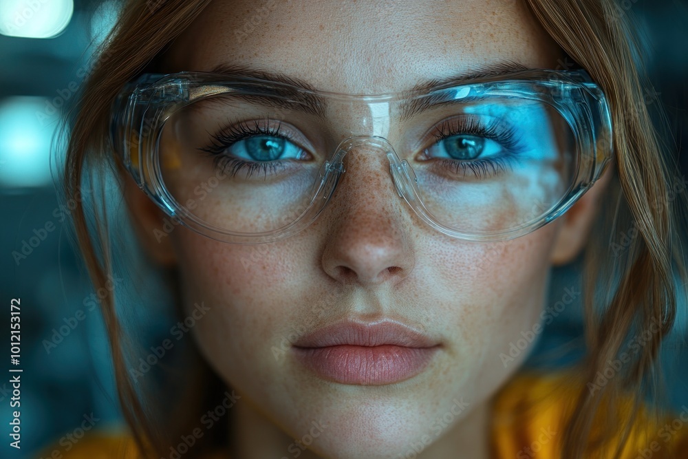 Close-up portrait of a young woman wearing safety glasses, looking directly at the camera. Close-up portrait of a young woman wearing safety glasses, looking directly at the camera.