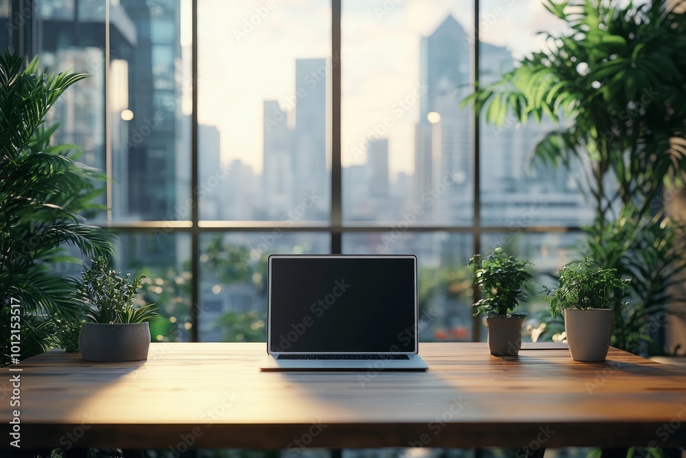 Fototapeta premium Business interior with pc desktop mockup, glass meeting room and window, Generative AI