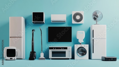 A collection of household appliances arranged against a blue background.