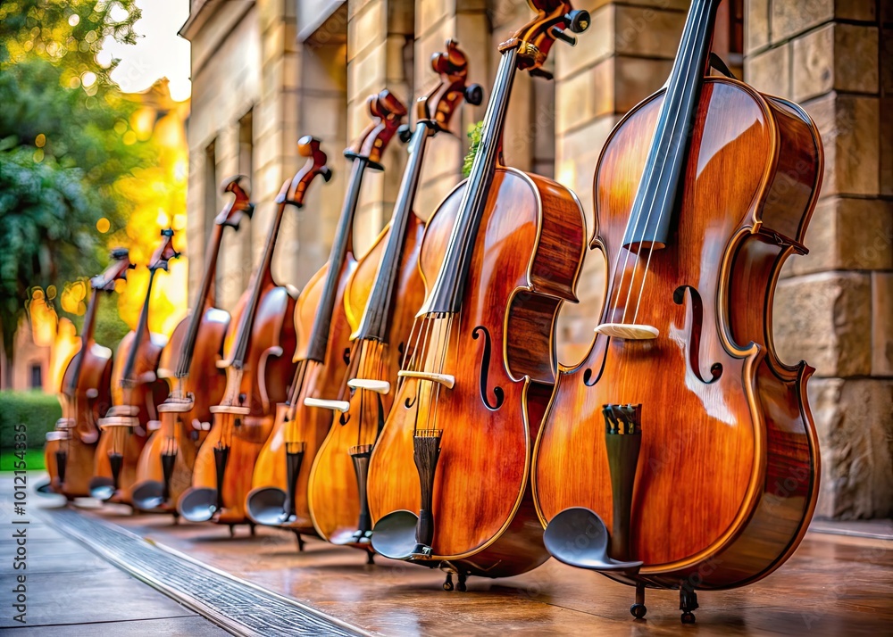 Naklejka premium Elegant cellos displayed in a serene setting showcasing craftsmanship and the beauty of music