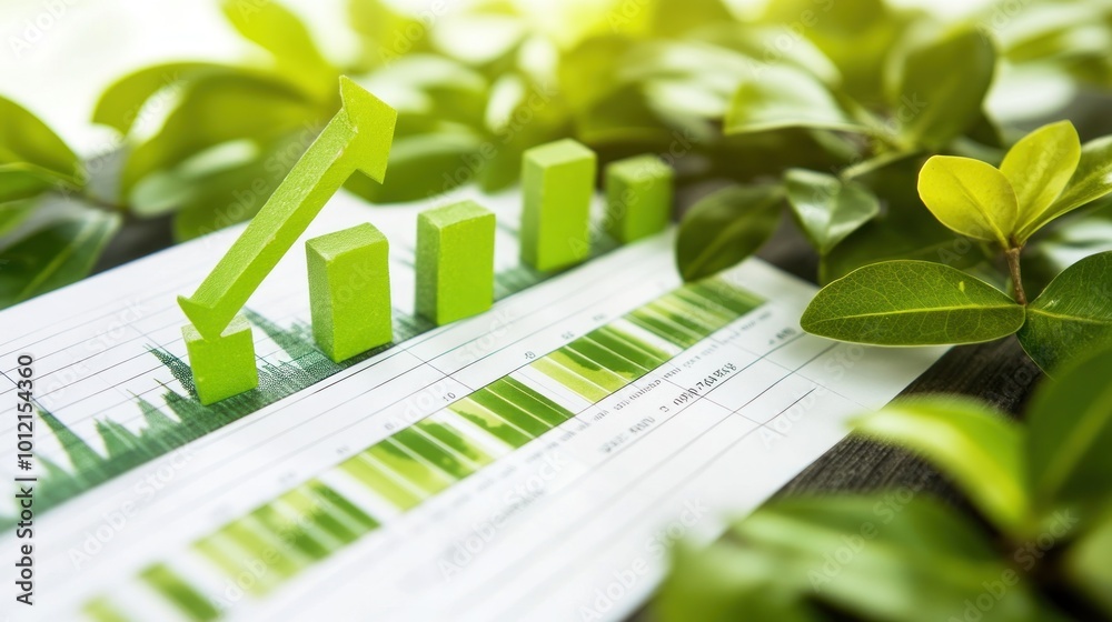 A growth chart with green bars and an upward arrow, surrounded by leaves. A growth chart with green bars and an upward arrow, surrounded by leaves.