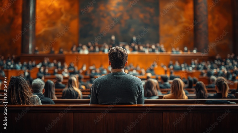 A man sits in the audience at a large event, looking at the stage. A man sits in the audience at a large event, looking at the stage.