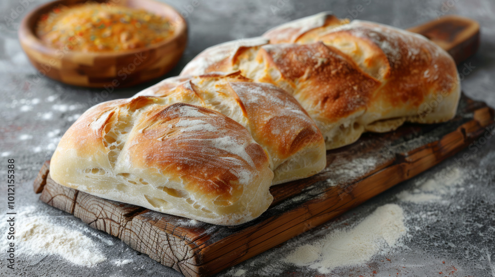 Freshly baked ciabatta bread rests on a rustic wooden board, ready to be served alongside a bowl of olive oil or dipping sauce Freshly baked ciabatta bread rests on a rustic wooden board, ready to be served alongside a bowl of olive oil or dipping sauce