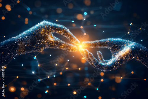 Two hands shaking in the foreground, symbolizing a global digital partnership. Behind the hands, a glowing sun radiates light, and a digital network grid connects various points around the globe