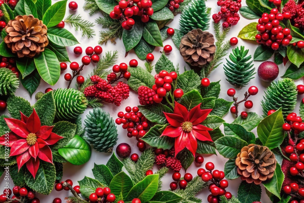 Elegant Christmas Floral Pattern with Red and Green Leaves, Berries, and Flowers on White Background