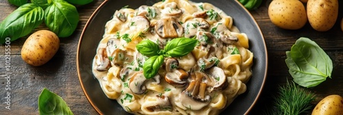 Creamy pasta dish, mushrooms, fresh basil leaves, dark rustic wooden table, potatoes in the background, appetizing food presentation, gourmet meal, top view, vibrant colors. 