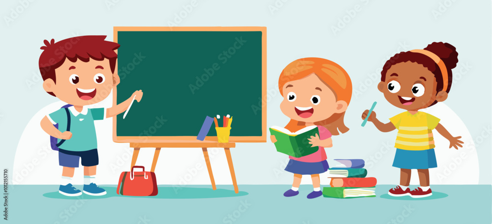 Happy elementary school students studying together in classroom Happy elementary school students studying together in classroom
