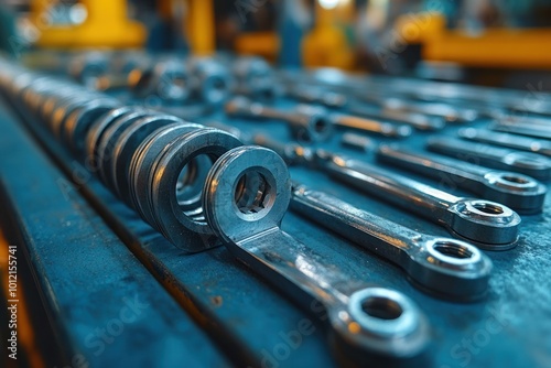 Close-up of a row of metal springs and rods on a blue surface in a factory setting.