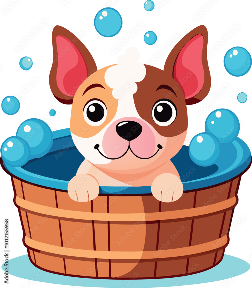 Cute french bulldog puppy taking a bath in a wooden basin Cute french bulldog puppy taking a bath in a wooden basin