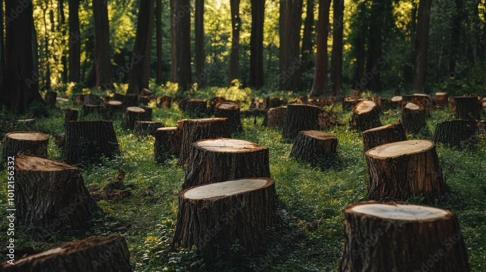 A serene forest scene with cut tree stumps surrounded by greenery and tall trees. A serene forest scene with cut tree stumps surrounded by greenery and tall trees.