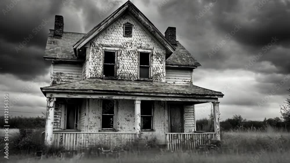 An old, weathered house sits in a field with a dark, stormy sky above An old, weathered house sits in a field with a dark, stormy sky above
