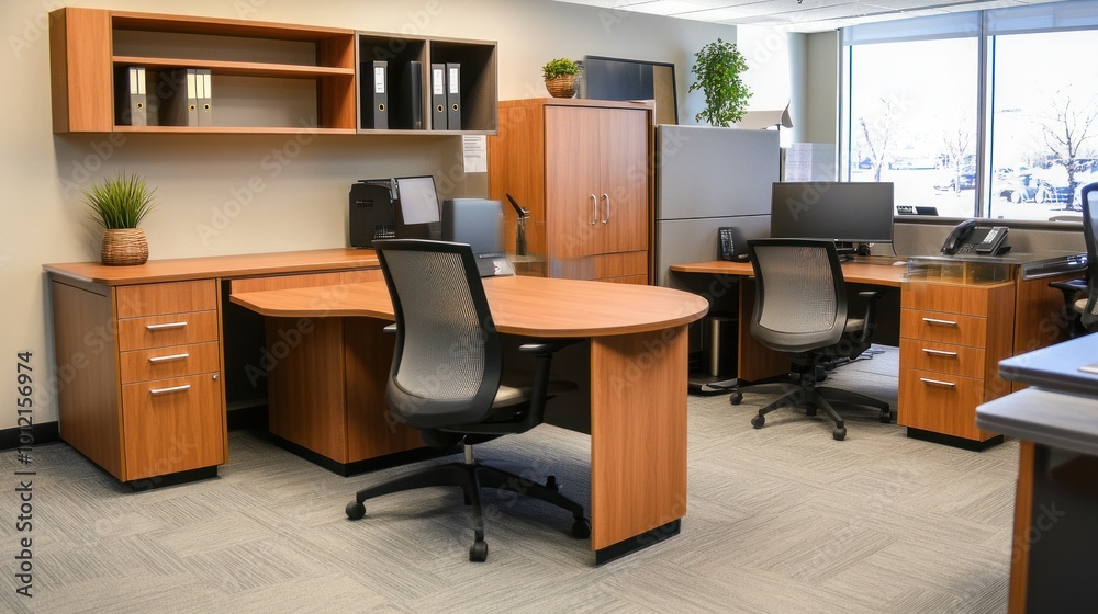 Modern office space featuring desks, chairs, and storage for a professional environment. Modern office space featuring desks, chairs, and storage for a professional environment.