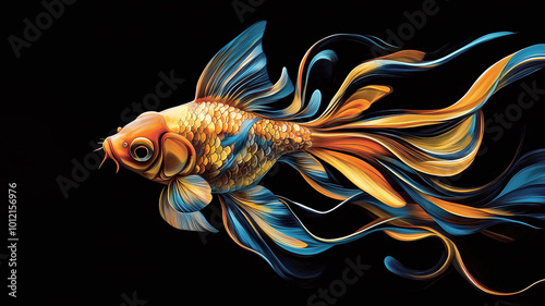 Vibrant Goldfish with Long Flowing Fins and Tail, Beautiful Exotic Tropical Betta Siamese Fish against Dark Black Background photo