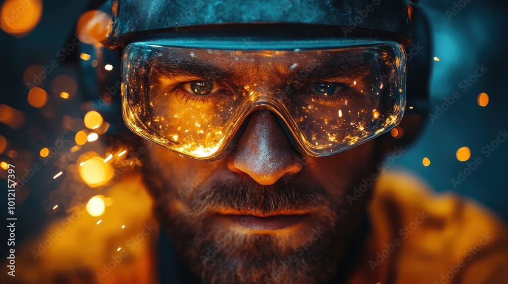 custom made wallpaper toronto digitalA close-up portrait of a man wearing safety goggles, with sparks flying in the background.