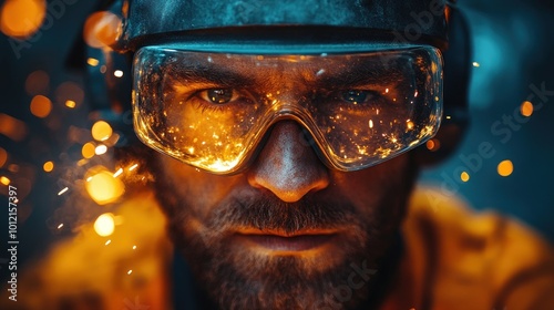 Wallpaper Mural A close-up portrait of a man wearing safety goggles, with sparks flying in the background. Torontodigital.ca