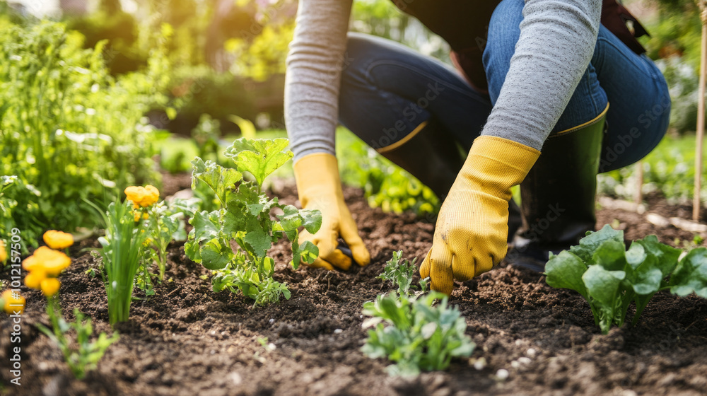 Gardener using eco-friendly tools to cultivate a vibrant vegetable garden in the morning sunlight Gardener using eco-friendly tools to cultivate a vibrant vegetable garden in the morning sunlight