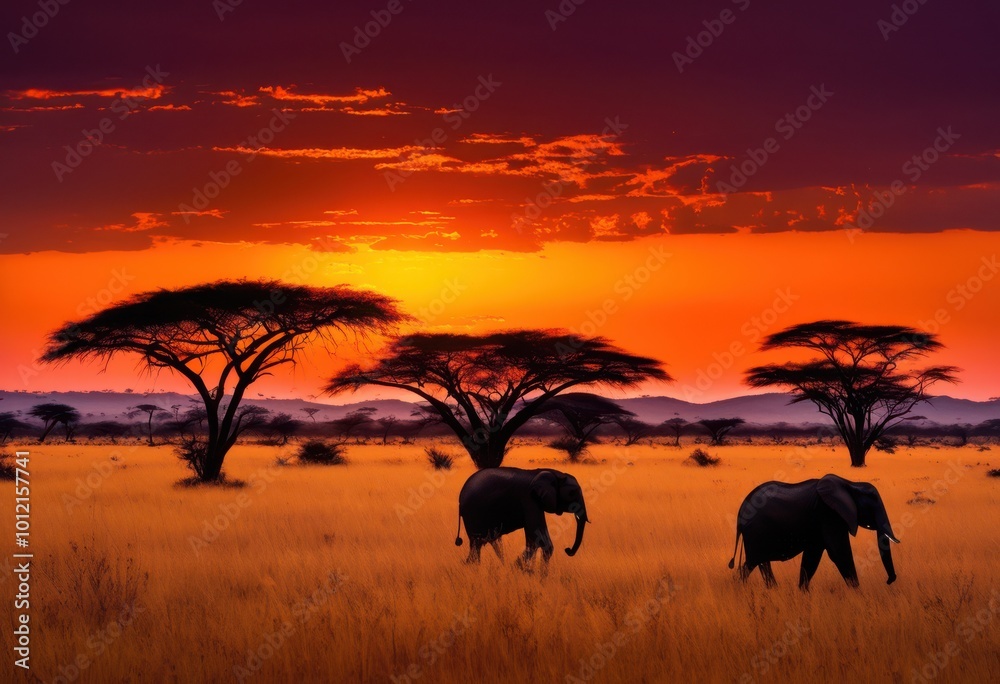 Obraz premium breathtaking savanna landscapes featuring dramatic sunsets striking silhouettes flora fauna expansive horizon, dusk, nature, sky, color, evening, wildlife