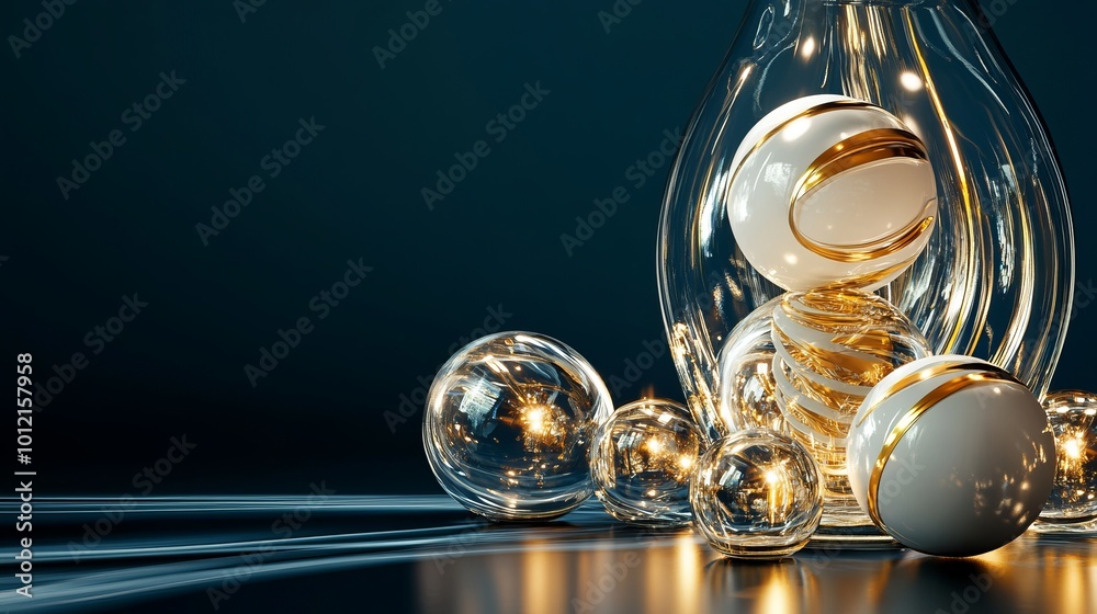 3D rendering of glossy black and gold spheres, and glass spheres with white and gold swirls in an elegant vase, set against a dark blue background with reflective lighting and luxurious finish. 3D rendering of glossy black and gold spheres, and glass spheres with white and gold swirls in an elegant vase, set against a dark blue background with reflective lighting and luxurious finish.