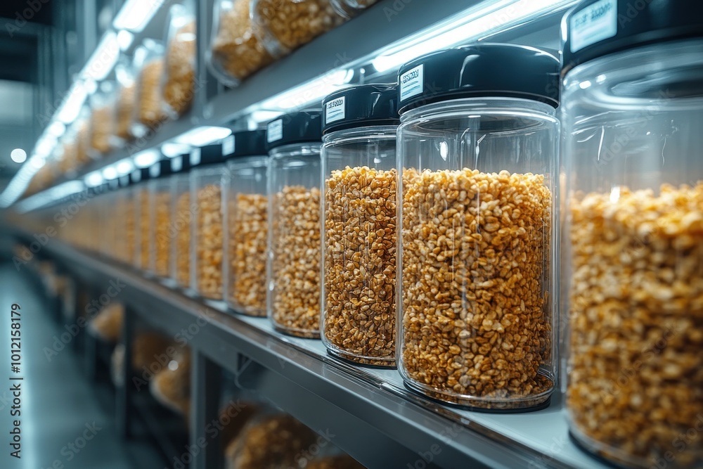 Rows of glass jars filled with yellow grains on metal shelves in a warehouse. Rows of glass jars filled with yellow grains on metal shelves in a warehouse.