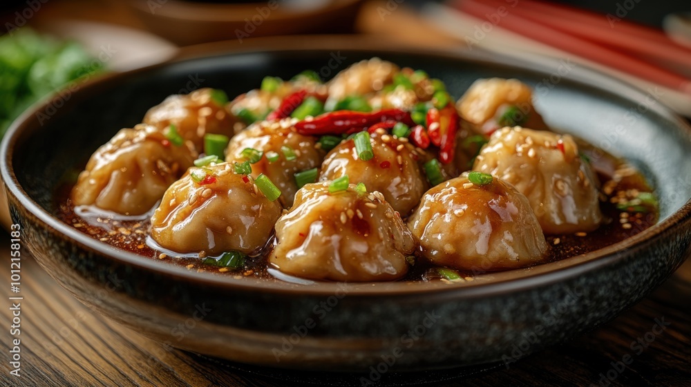 Steamed dumplings are served in a bowl with spicy sauce, garnished with red chili peppers and chopped green onions, creating a visually appealing and mouth-watering dish.