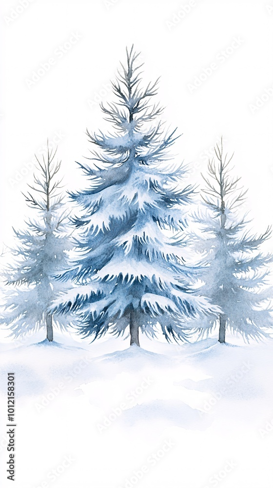 Fototapeta premium Beautiful New Year banner for stock photos, snowfall on a white background, watercolor paints, hand-drawn winter landscape.