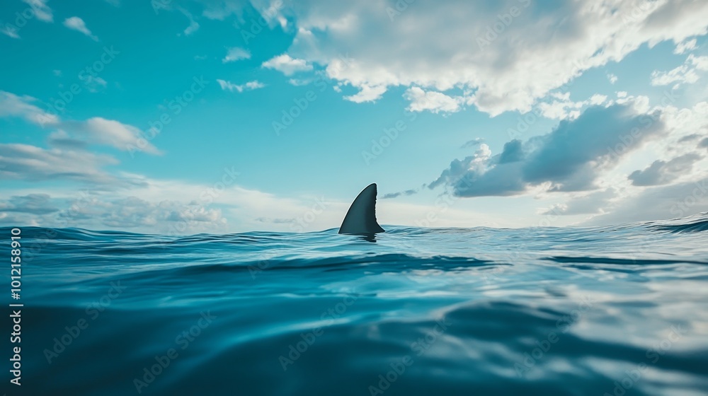 Fototapeta premium A shark fin breaking the ocean surface under a blue sky with fluffy white clouds