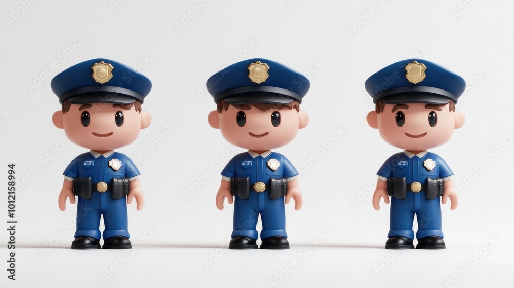 Three cartoon police figures in blue uniforms with cheerful expressions. Three cartoon police figures in blue uniforms with cheerful expressions.