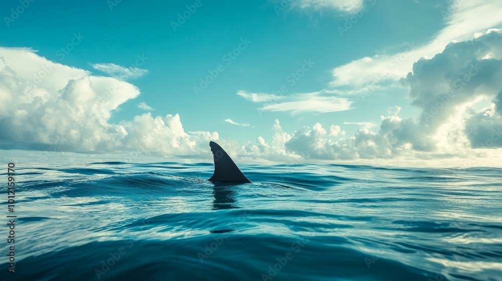 Fototapeta premium Shark fin emerging from ocean surface beneath a blue cloudy sky, capturing nature s majesty