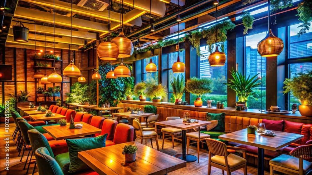 Fototapeta premium Elegant Empty Restaurant Interior with Modern Decor and Ambient Lighting in a Cozy Atmosphere