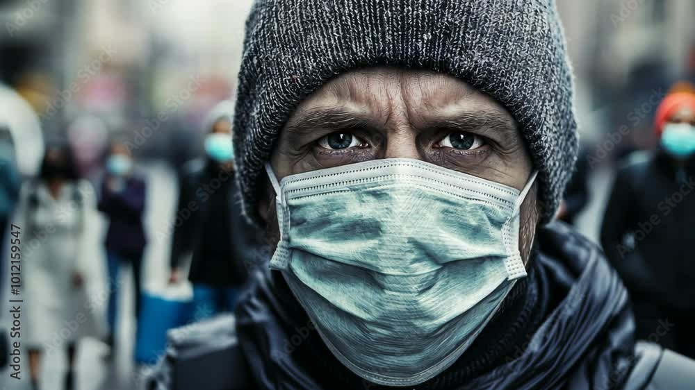 A man wearing a face mask walks through a city crowd A man wearing a face mask walks through a city crowd