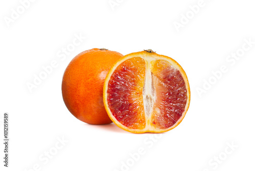 Ripe Sicilian oranges isolated over white background. Copy space. Close up view