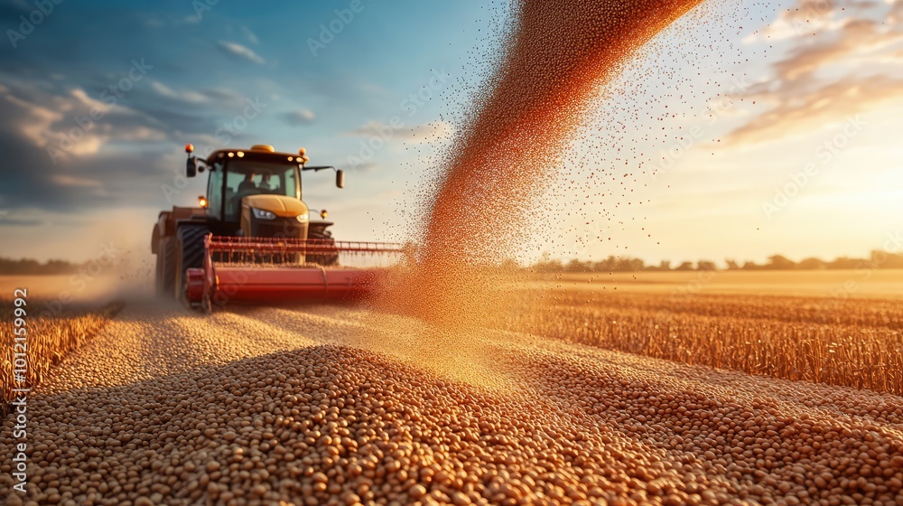 Fototapeta premium Pouring Soybean Grain into Tractor Trailer After Harvest -- AI Generated
