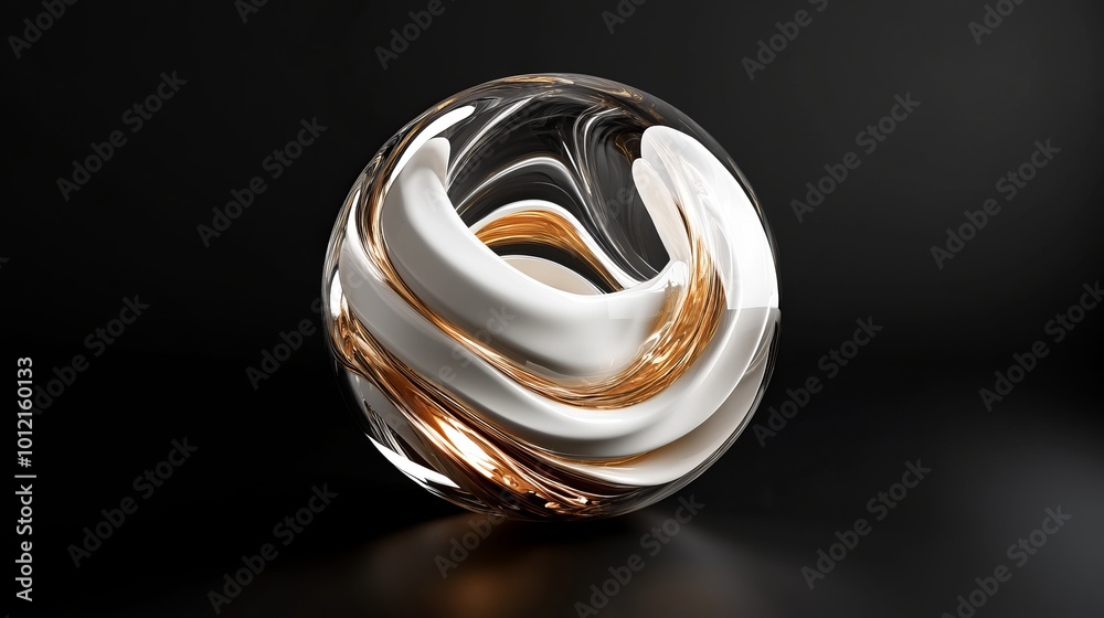 3D rendering of glossy black and gold spheres, and glass spheres with white and gold swirls in an elegant vase, set against a dark blue background with reflective lighting and luxurious finish. 3D rendering of glossy black and gold spheres, and glass spheres with white and gold swirls in an elegant vase, set against a dark blue background with reflective lighting and luxurious finish.