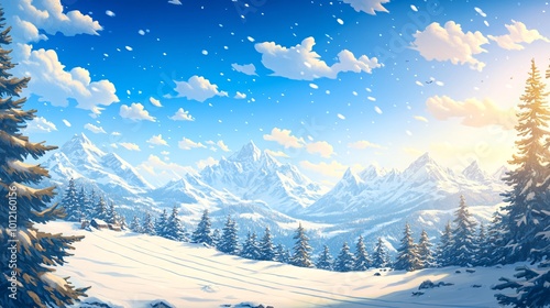 ski resort landscape, sun, sun rays, mountains, snow, green pine trees, impressive landscape, midday, light palette, sunny day, white, slope with ski track