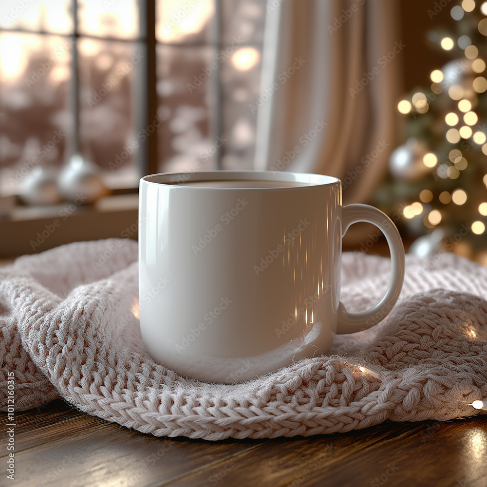 Blank white ceramic mug with Christmas coffee Blank white ceramic mug with Christmas coffee