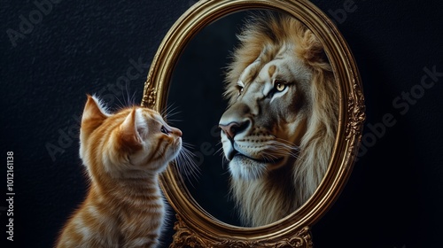 Cat facing mirror reflecting lion - concept of inner strength and self-confidence