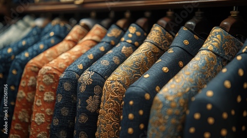 A rack of men's suits with patterned fabric in a retail store.