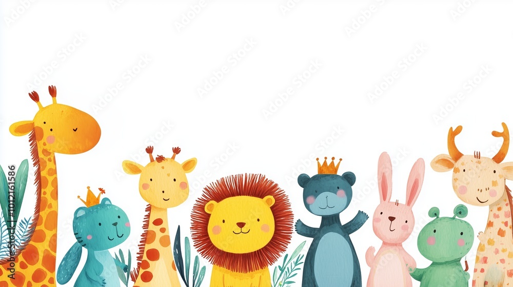 Colorful cartoon safari animals with crowns and leaves on white background