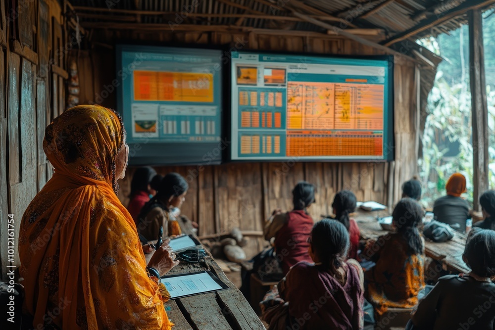 A group of students in a rural classroom listen to a presentation on a large screen. A group of students in a rural classroom listen to a presentation on a large screen.