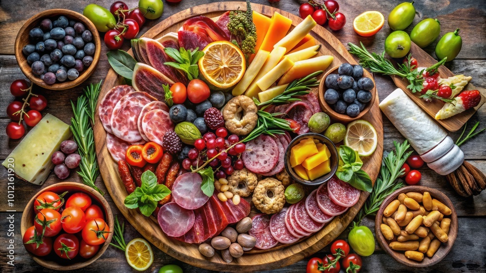 Elegant Full Table Charcuterie Board with Assorted Meats, Cheeses, Fruits, and Fresh Herbs Displayed Elegant Full Table Charcuterie Board with Assorted Meats, Cheeses, Fruits, and Fresh Herbs Displayed