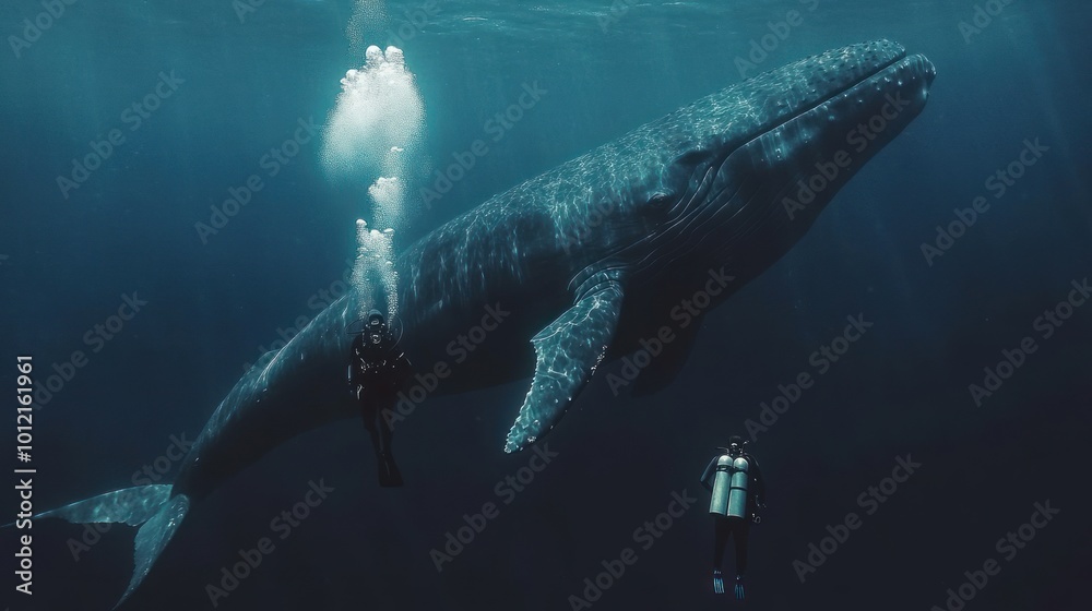 Fototapeta premium Divers swimming alongside a majestic blue whale in deep ocean waters.