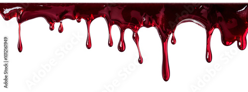 Smooth, glossy red liquid flowing downwards, dripping isolated on transparent background cutout, png