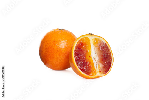 Ripe Sicilian oranges isolated over white background. Copy space. Close up view