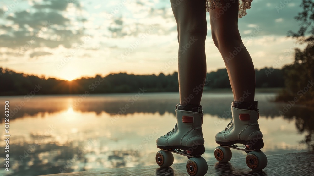 Fototapeta premium A person on roller skates at sunset by a tranquil lake.