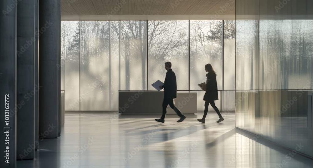 two people walking in an office building, dressed casually and holding documents, captured from the side view The interior is minimalist with white walls and large windows Generative AI two people walking in an office building, dressed casually and holding documents, captured from the side view The interior is minimalist with white walls and large windows Generative AI