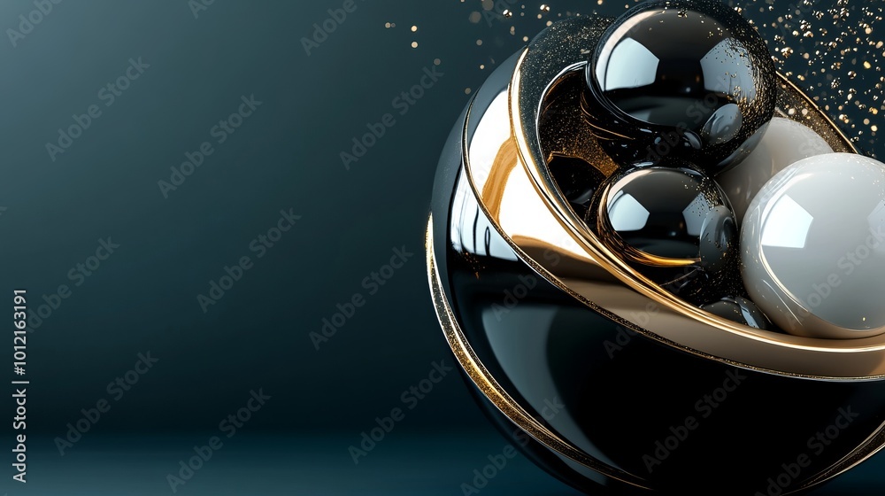 3D rendering of glossy black and gold spheres, and glass spheres with white and gold swirls in an elegant vase, set against a dark blue background with reflective lighting and luxurious finish. 3D rendering of glossy black and gold spheres, and glass spheres with white and gold swirls in an elegant vase, set against a dark blue background with reflective lighting and luxurious finish.