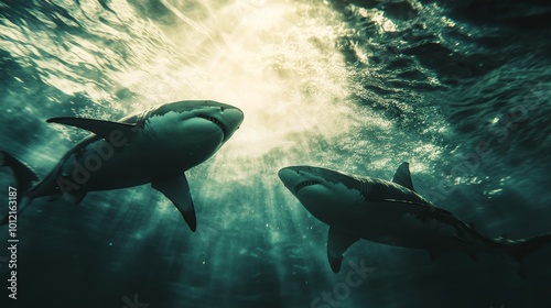 Breathtaking view of great white sharks swimming below the water surface from underneath