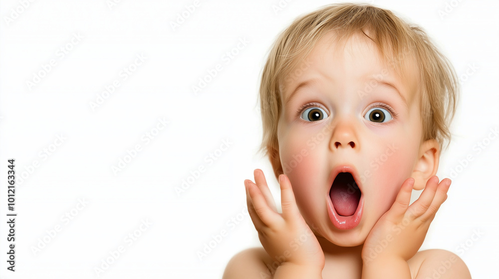 A surprised toddler with his hands on his cheeks A surprised toddler with his hands on his cheeks
