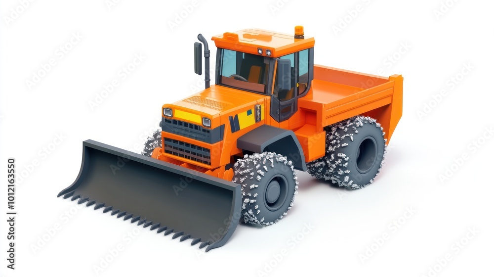 Fototapeta premium A stylized orange bulldozer with snow tires, designed for heavy-duty construction tasks.
