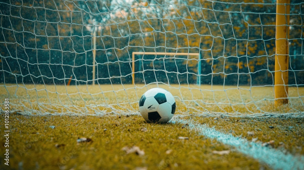 Fototapeta premium A soccer ball rests near the goalpost on a grassy field, ready for play.